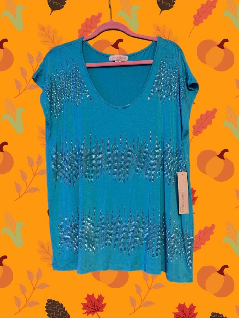 NWT! Laura Ashley Turquoise St. Barths Scoop Neck Top w/ Rhinestone Wave - 2X